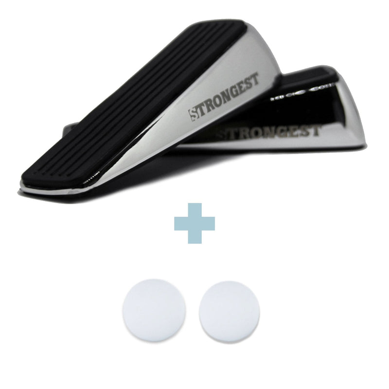  [AUSTRALIA] - Strongest Door Stopper, Heavy Duty Door Stop Wedge Made of Premium Quality Zinc and Rubber Suits Any Door, Any Floor. Set of 2 Plus Bonus Self Adhesive Wall Protectors Black Silver 2 Pack