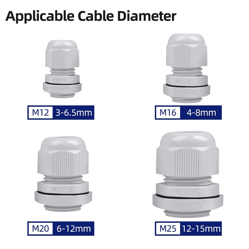  [AUSTRALIA] - 32 pieces cable gland set, ARPDJK adjustable 3-15 mm IP68 cable glands, gray cable gland, waterproof, M12, M16, M20, M25