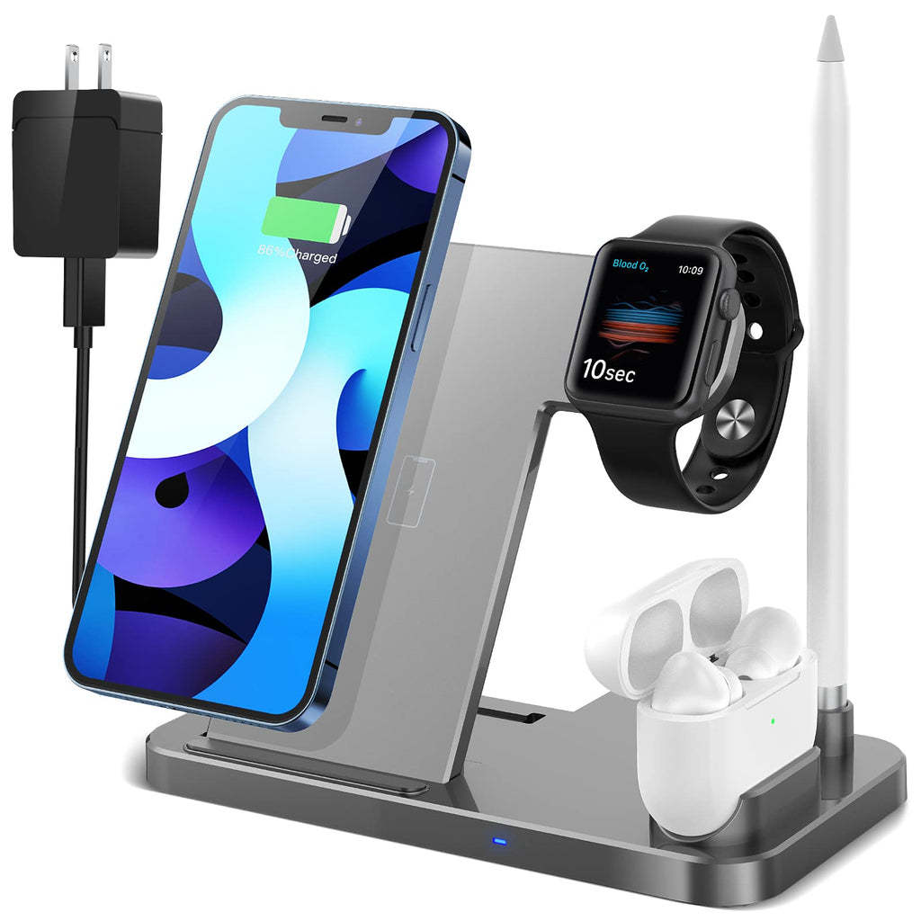  [AUSTRALIA] - 4 in 1 Wireless Charging Station,2021 Upgraded Fast Charging Dock Stand for iWatch Series 7/6/SE/5/4/3/2, AirPods & Pencil, Compatible with iPhone13/12Pro/11/XS/XR/8/Samsung Silver