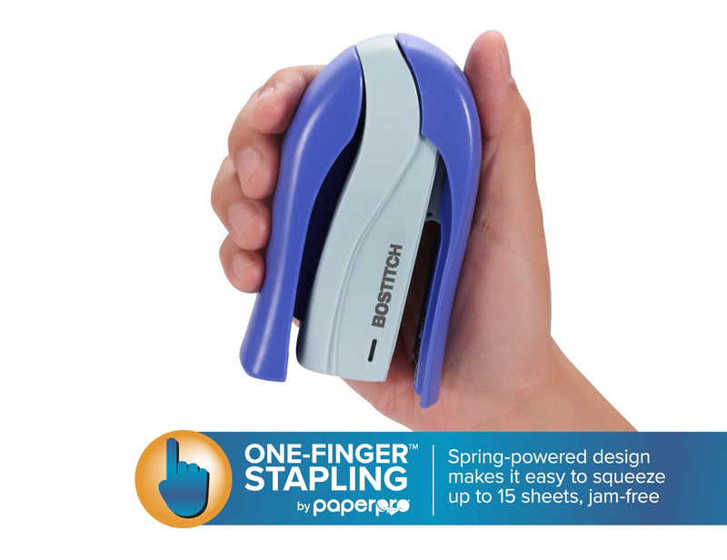  [AUSTRALIA] - Bostitch Office PaperPro inSHAPE15 Stapler - One Finger, No Effort, Spring Powered Stapler - Blue (1451), 4.3" x 1.9" x 7.5"