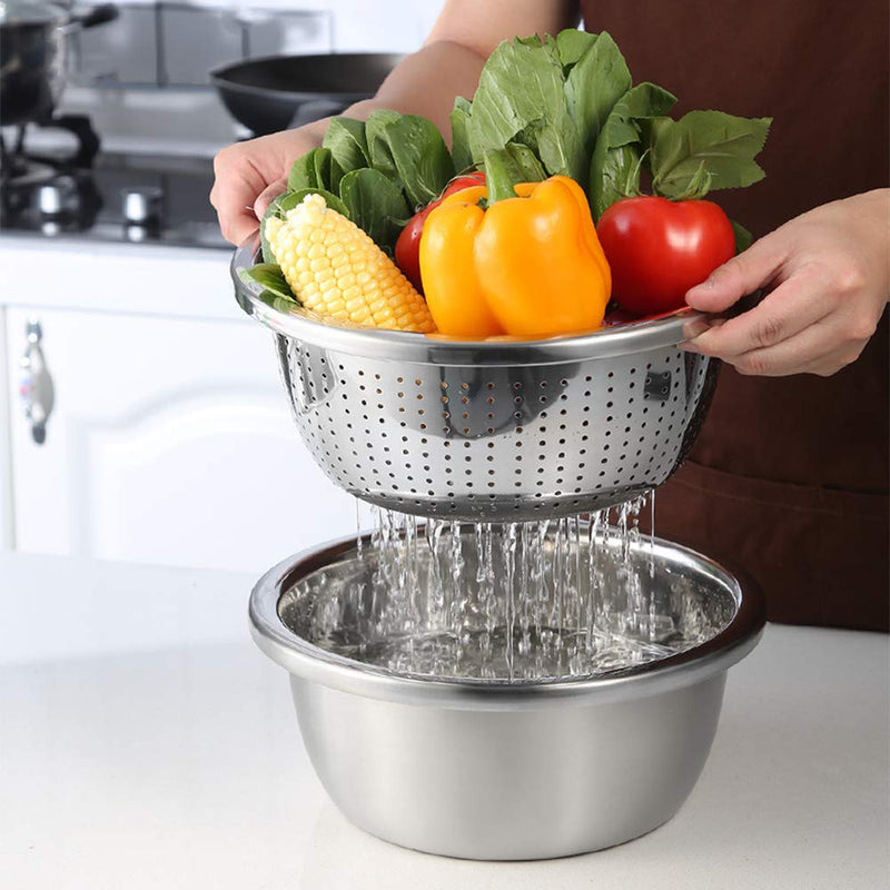  [AUSTRALIA] - Stainless steel grater, drain basket, rice basket, vegetable cutter, 5-in-1 kitchen and household multifunctional vegetable cutter, salad bowl