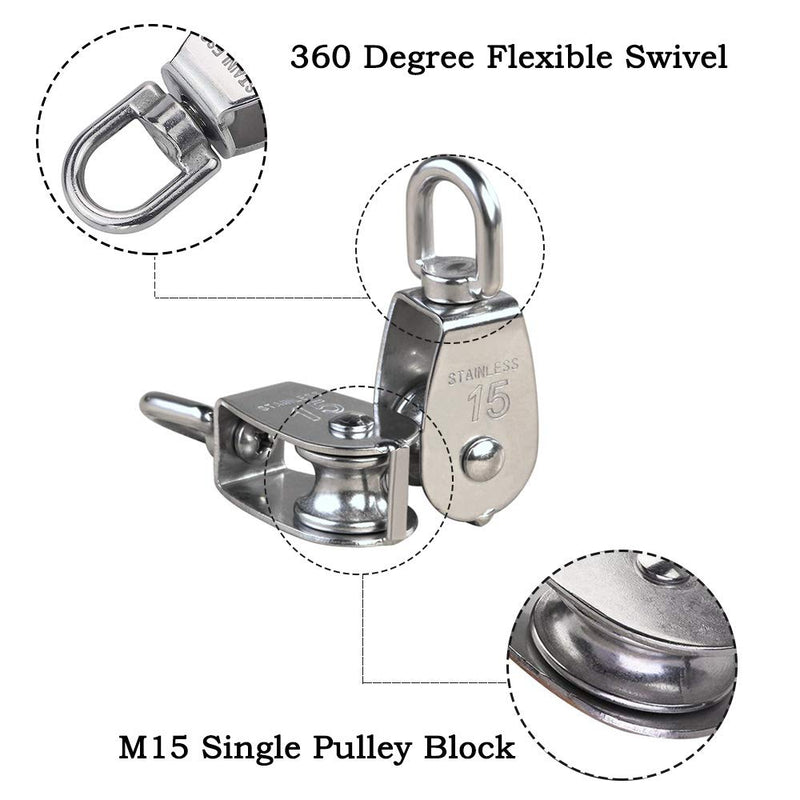 6 Pcs Single Pulley Block (M15), AUHOKY 304 Stainless Steel Hanging Wire Towing Wheel, Swivel Lifting Wire Rope Cable Pulley Roller, Max-Load 35kg/77lbs 6 Pcs - LeoForward Australia