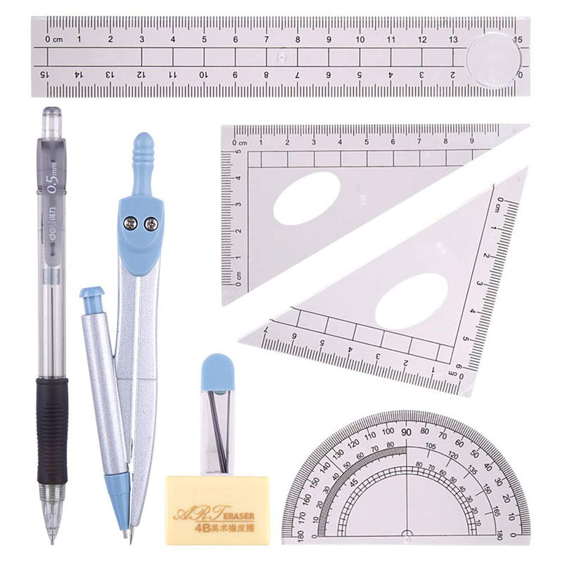 {Updated Version}8pcs Math Geometry Kit Set,Student Supplies Drawing Pencil Compass Includes Protractor Rulers Compass Pencil Lead Refills Eraser Model II - LeoForward Australia