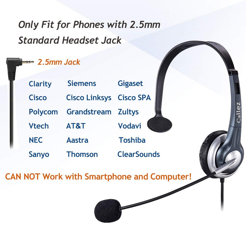 [AUSTRALIA] - Callez 2.5mm Phone Headset Mono, Office Telephone Headset with Noise Canceling Mic for DECT AT&T ML17929 Vtech Panasonic KX-T7630 KX-T7633 Uniden RCA Cisco Cordless Phones Call Center Home (C300D1)