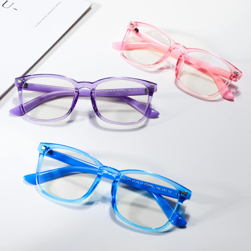  [AUSTRALIA] - Blue Screen Glasses for Kids, COASION 3 Pack Blue Light Blocking Glasses for Girls Boys, Computer Gaming Fake Eyeglasses ( Clear Purple + Clear Pink + Clear Blue )