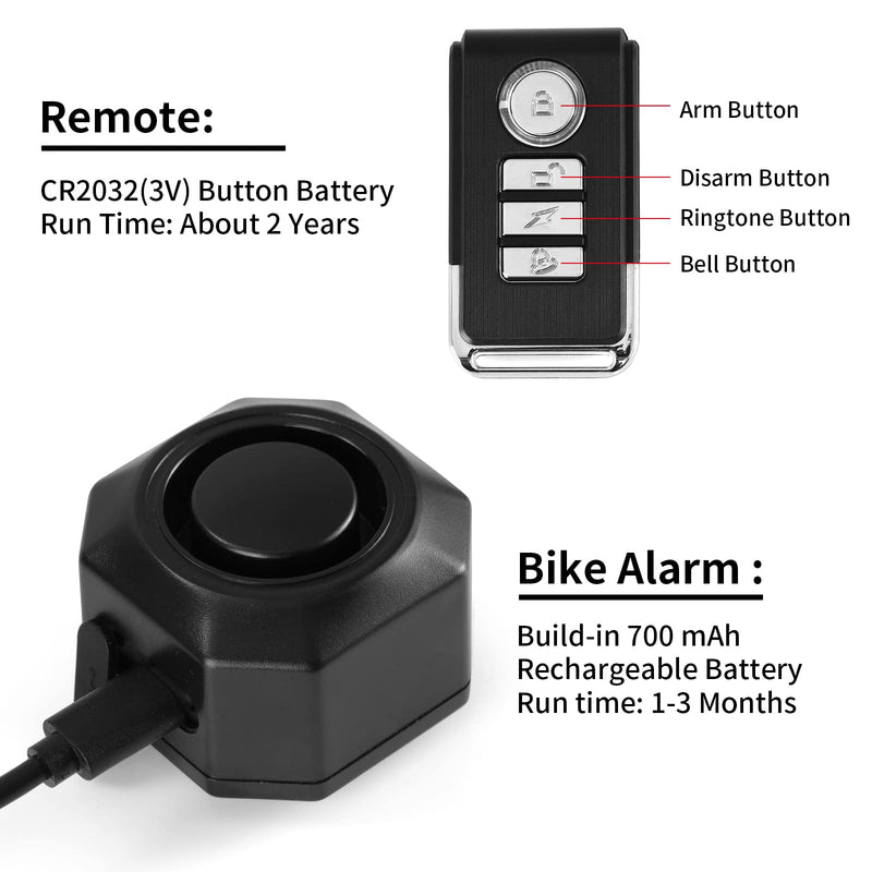  [AUSTRALIA] - Rupse Rechargeable Bike Alarm with Remote, Motorcycle Alarm System with Motion Sensor, Waterproof 110dB Loud Anti-Theft Alarm Wireless Alarm System Outdoor for Motorcycle Bike E-Bike Scooter Vehicle Black