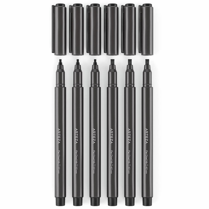  [AUSTRALIA] - Arteza Calligraphy Markers, Set of 6, Permanent Black Ink, Flat Chisel-Tip Marker Pens, 2 Nib Sizes — 2mm & 4mm, Art Supplies for Holiday Card Crafting, Wedding Announcements, and Making Signs