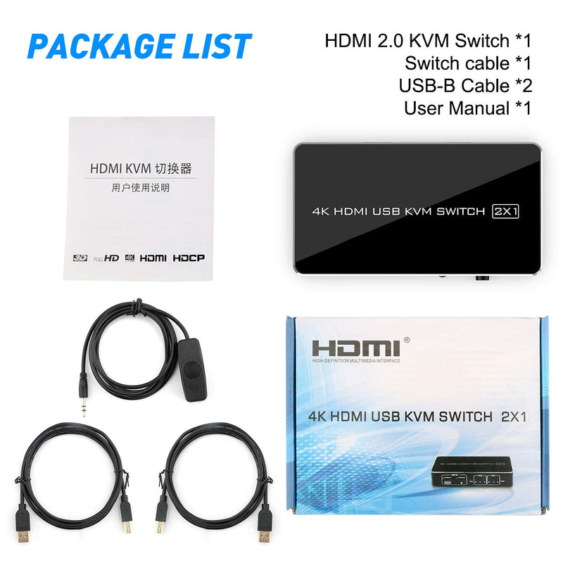  [AUSTRALIA] - KVM Switch HDMI 2 Port Box, UHD 4K (3840x2160) & 1080P 3 Switching Modes Supported,3 USB 2.0 Hub for Mouse Keyboard Printer PCs with 1 Switch Cable and 2 USB Cables