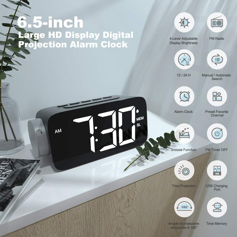  [AUSTRALIA] - YISSVIC Projection Alarm Clock Radio Digital Alarm Clocks for Bedrooms 6.3" Screen Led Clock with USB Charger 4 Dimmer 12/24 Hour Switch 180° Rotation Projection on Ceiling Wall Projection Color