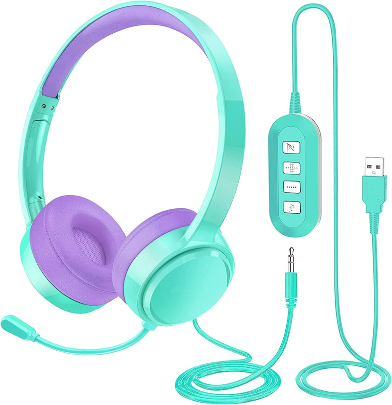  [AUSTRALIA] - Kid 3.5mm/USB Headset with Noise Canceling Microphone, Inline Volume Control & Mute Function, Computer Headphones for Home, Office, School,Skype, Zoom, Call Center, Meetings, PC, Tablet GreenPurple