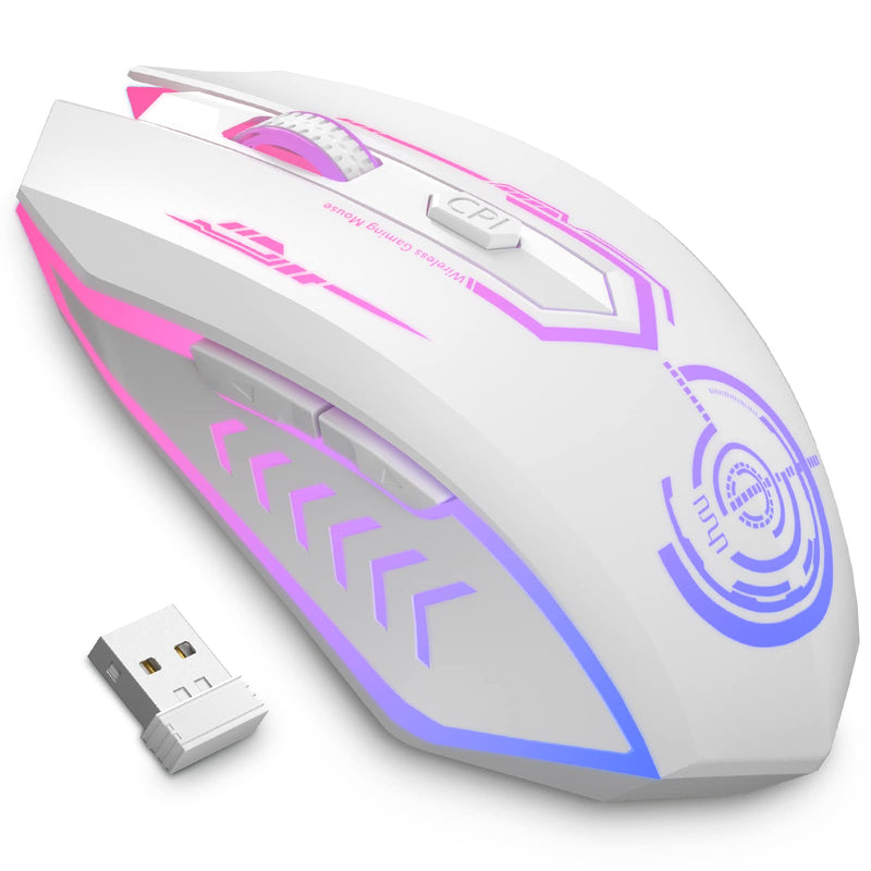  [AUSTRALIA] - UHURU Gaming Mouse, Wireless Gaming Mouse with 6 Buttons 7 Changeable LED Color up to 10000 DPI, Rechargeable USB Gamer Mouse for PC Laptop (White) white