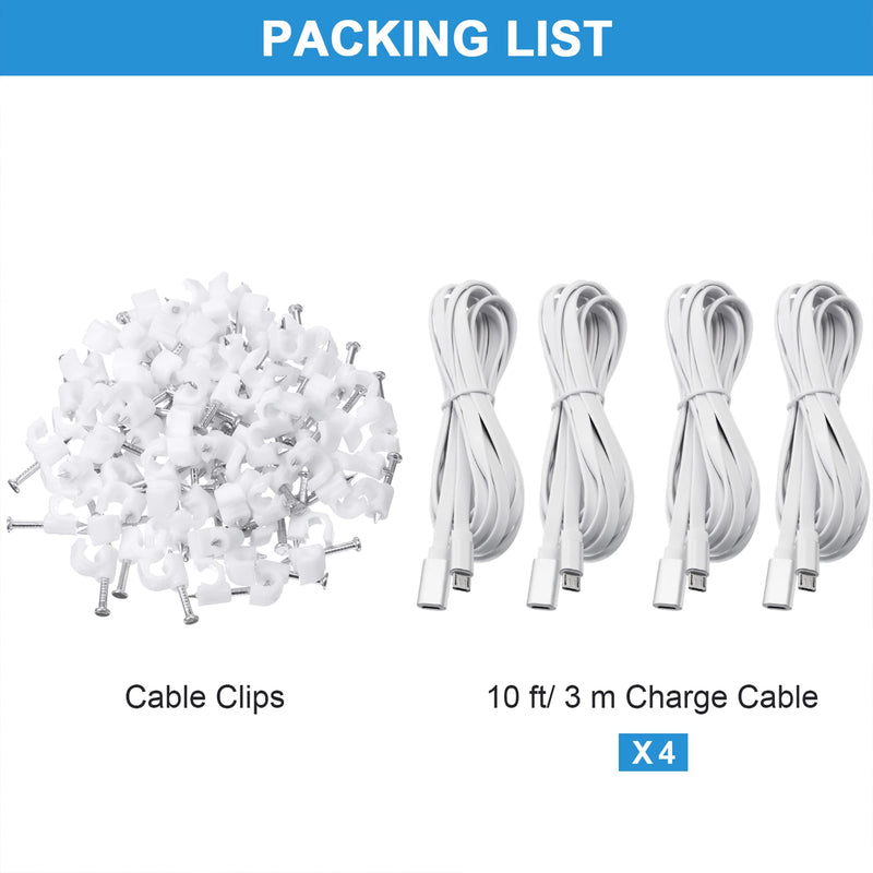  [AUSTRALIA] - Sumind 4 Pack 10 ft/ 3 Meter Micro USB Extension Cable Male to Female Extender Cord Compatible with Wireless Security Camera Flat Power Cable, Cable Clips Included (White) White