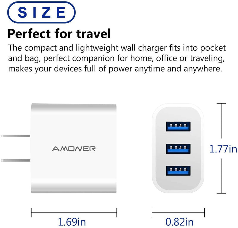  [AUSTRALIA] - USB Wall Charger, Amoner 2Pack 15W 3-Port USB Plug Cube USB Cube Power Adapter for iPhone 14/13/12/11/Pro/ProMax/Xs/XR/X/8, Galaxy S22 S21 and More and More White