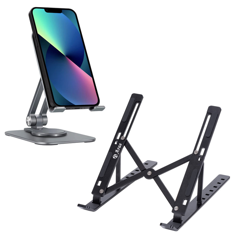  [AUSTRALIA] - Arae Adjustable Laptop Stand Holder for Desk Black & Cell Phone Stand, Adjustable Phone Holder Gray