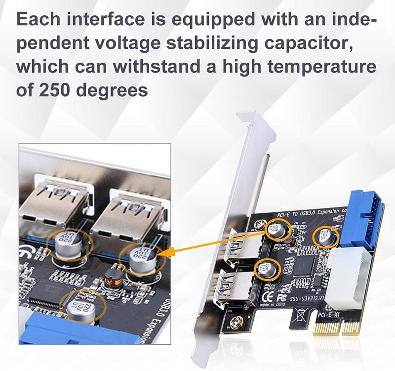  [AUSTRALIA] - Diyeeni 2 Ports PCIE to USB 3.0 Expansion Card, USB Port Card, PCIe USB Card with Internal 20Pin Connector, No Need Additional Power Supports Windows XP / Vista / 7/8/10, 5Gbps Speed