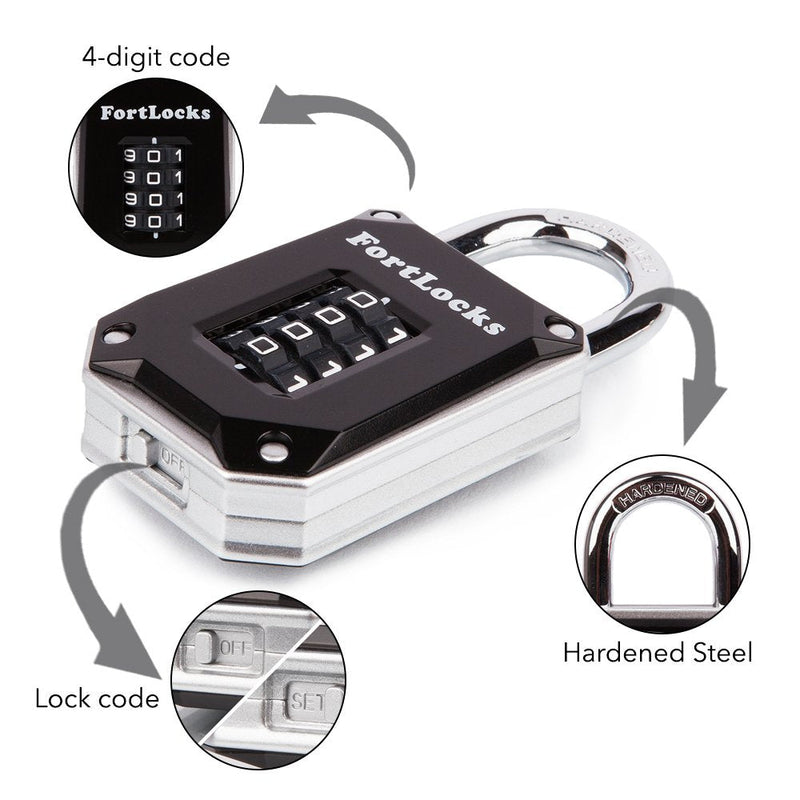  [AUSTRALIA] - FortLocks Gym Locker Lock - 4 Digit, Heavy Duty, Hardened Stainless Steel, Weatherproof and Outdoor Combination Padlock - Easy to Read Numbers - Resettable and Cut Proof Combo Code - 1 Pack Silver