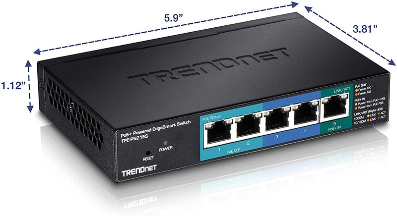 [AUSTRALIA] - TRENDnet 5-Port Gigabit PoE+ Powered EdgeSmart Switch with PoE Pass Through, 18W PoE Budget, 10Gbps Switching Capacity, Managed Switch, Wall-Mountable, Lifetime Protection, Black, TPE-P521ES