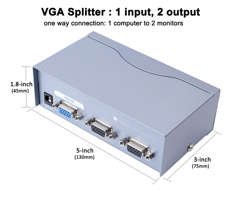  [AUSTRALIA] - DTECH 2 Way Powered VGA Splitter Amplifier Box High Resolution 1080p SVGA Video 1 in 2 Out 250 Mhz for 1 PC to Dual Monitor Computer 2 port