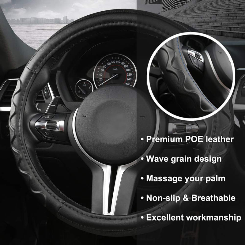 Black Panther Car Steering Wheel Cover with Wave Pattern Anti-Slip Design, 15 inch Universal - Black Line Wave Pattern - Black Line - LeoForward Australia