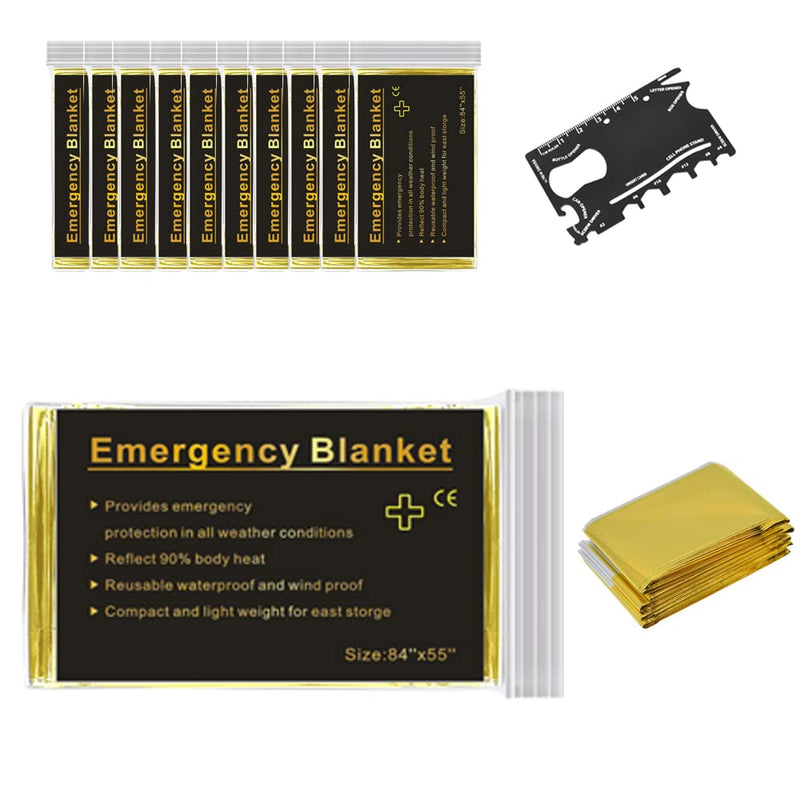  [AUSTRALIA] - 10Pack Emergency Mylar Thermal Blankets,First Aid Mylar Rescue Blanket,Retains 90% of Heat, Waterproof, Survival Gear Emergency Kit for Hiking, Camping,with 18 in 1 Multitool Card（Gold Color）