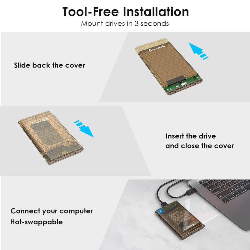  [AUSTRALIA] - WAVLINK 2.5" Hard Drive Enclosure, USB 3.0 to SATA III/II/I External Hard Disk Case for 9.5/7mm HDD SSD, Support Max 4TB with UASP Protocol 5Gbps Tool Free for PC Laptop PS4 TV Router USB 3.0 to SATA HDD Enclosure