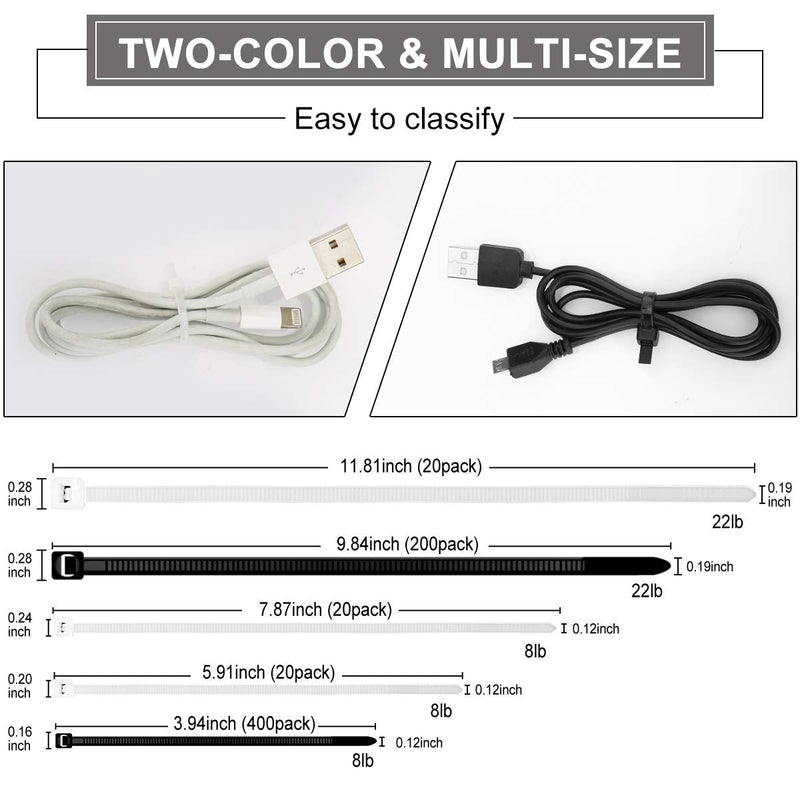  [AUSTRALIA] - zip ties heavy duty with self-locking,YSeaWolf, 660 pack 4/6/8/10/12 Inch Multi-size, multi-color,Not easy to break and loose cable ties,UV Resistant zip tie，tie warps,plastic ties(black and white)