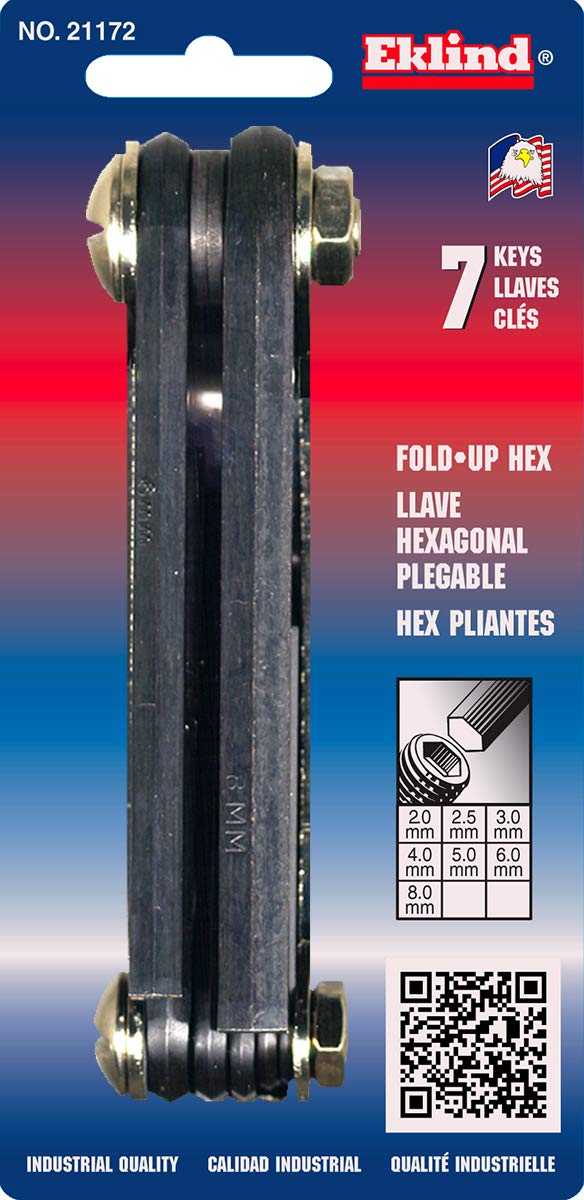  [AUSTRALIA] - EKLIND 21172 Classic Steel Handle Fold-up Hex Key allen wrench - 7pc set Metric MM sizes 2-8 Set 7 Metric (2.0-8mm)