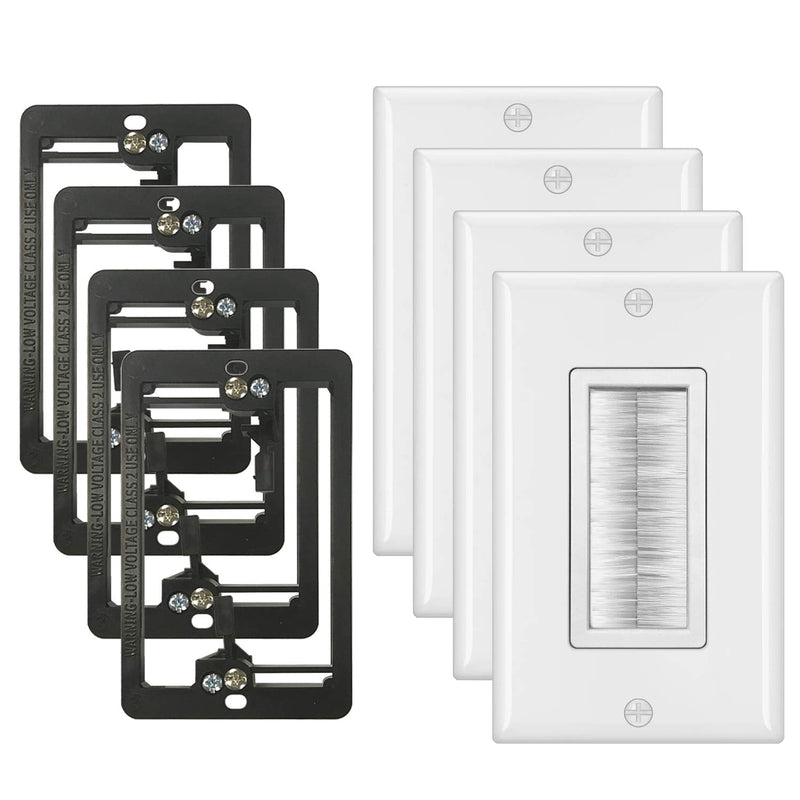  [AUSTRALIA] - BESTTEN [4 Pack] 1-Gang Brush Wall Plate with Old Work Low Voltage Mounting Bracket, Cable Passthrough Insert for Speaker Wire, Coaxial Cable, HDMI/HDTV Cable, Network/Phone Cable, White 4 1. White