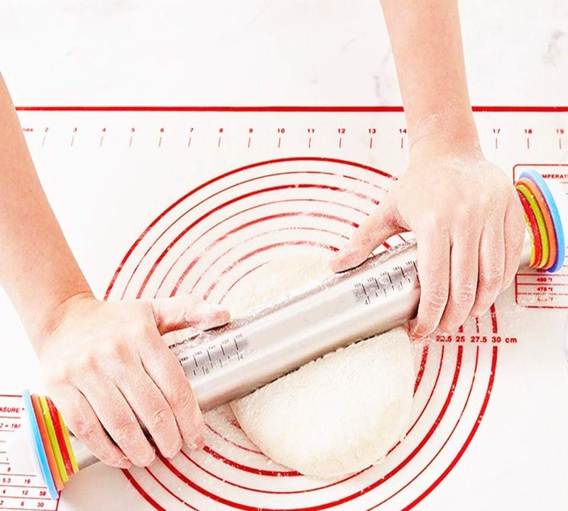  [AUSTRALIA] - Rolling Pin nonstick and Silicone Baking Pastry Mat combo kit, Adjustable Rolling Pin With Thickness Rings, Rolling Pin for Baking Fondant, Pizza, Pie, Pastry, Pasta, Dough, Cookies (Red baking mat) Red baking mat