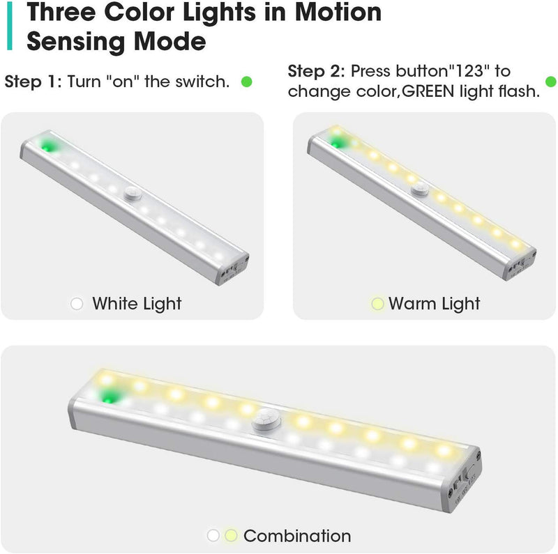 Wireless Motion Sensor Cabinet Light 20 LED USB Rechargeable Closet Lights Under Cabinet Lighting for Wardrobe/Drawer/Stairs/Cupboard/Counter/Pantry/Stairs, Stick on Anywhere, 3 Lighting Modes, 2 Pack - LeoForward Australia