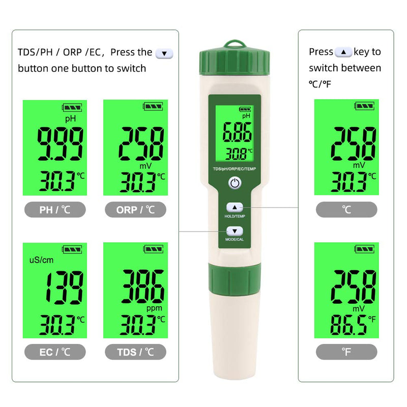 RCYAGO 5 in 1 pH/TDS/EC/ORP/Temperature Meter Digital Water Quality Tester for Pools, Drinking Water, Aquariums (Backlight) - LeoForward Australia