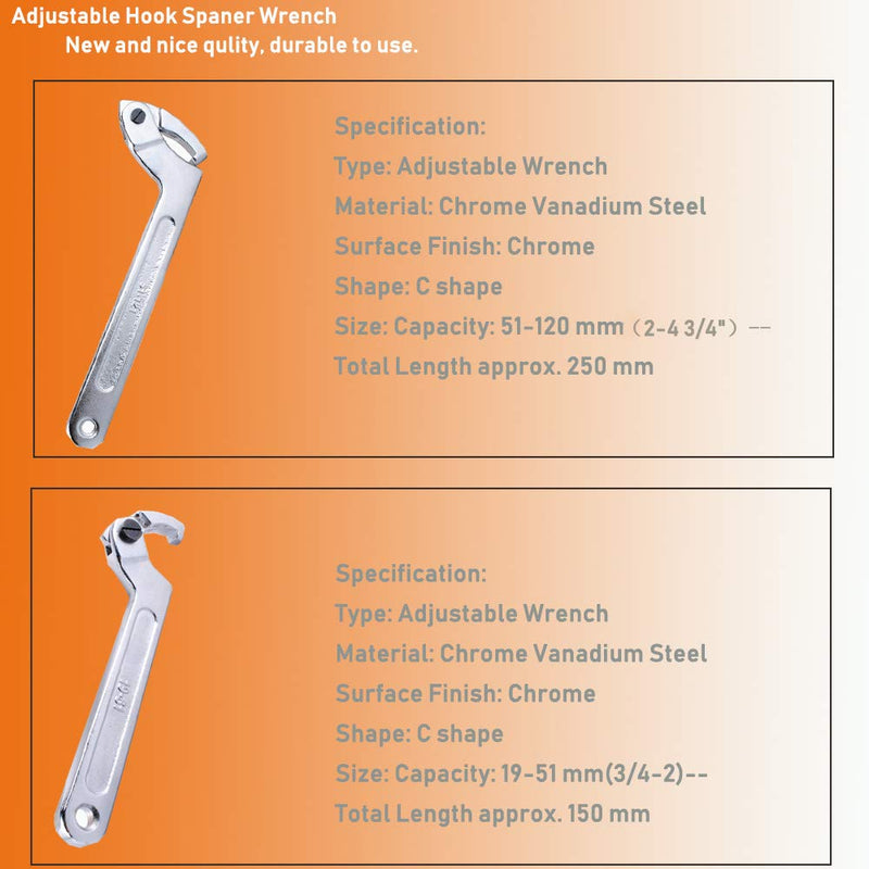  [AUSTRALIA] - Wadoy Adjustable C Spanner Hook Wrench Chrome Vanadium 3/4-2"(19-51Mm)+2-4 3/4"(51-121Mm) Spanner Set-Used to Tighten Side Slot Nuts on Collars, Lock Nuts and Bearings