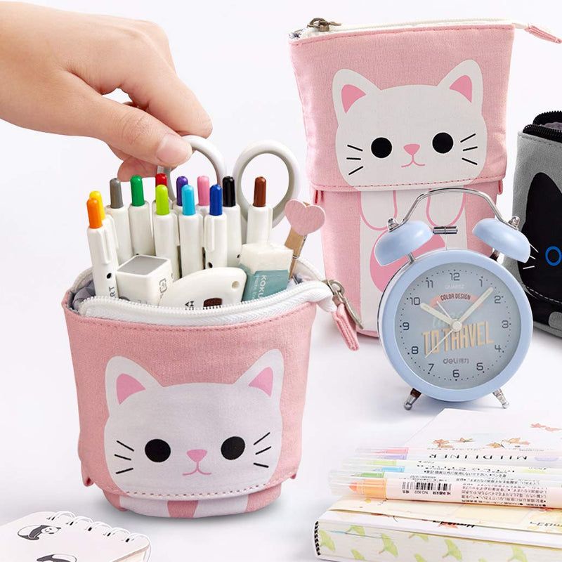 iSuperb Transformer Stand Store Pencil Holder Canvas+PU Cartoon Cute Cat Telescopic Pencil Pouch Bag Stationery Pen Case Box with Zipper Closure 7.5 x 4.9 x 3.0inch/4.1x 3.0inch Pink - LeoForward Australia