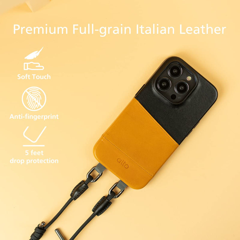  [AUSTRALIA] - Alto Crossbody Leather Case Designed for iPhone 14 Pro, alto Anello Series Drop Protective Italian Leather Card Wallet Case with Detachable Lanyard Strap (6.1 inch, iPhone 14 Pro,Brown and Black) Caramel Brown / Raven Black