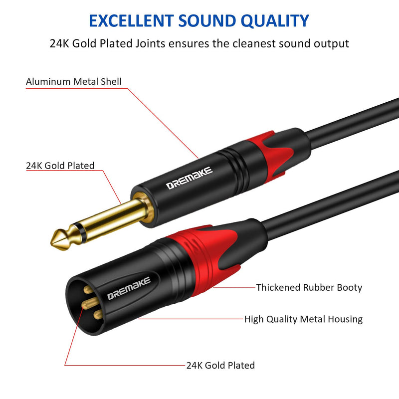  [AUSTRALIA] - DREMAKE Patch Cable XLR to Mono 1/4'' 15FT, 3-Pin XLR to 1/4" TS Speaker Cable, 6.35mm 1/4'' TS Male to XLR Male Audio Stereo Mic Cable for Powered Amplifier Mixing Boards 1/4'' to Male XLR Unbalanced 15FT/4.5M