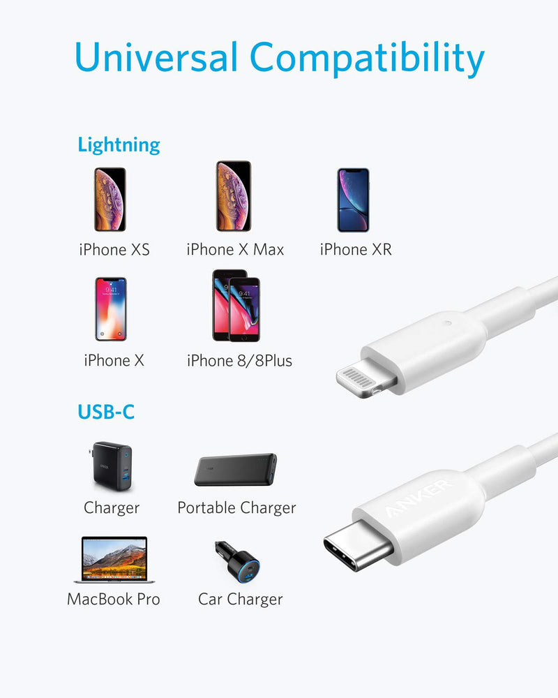 Anker USB C to Lightning Cable [6ft MFi Certified] Powerline II for iPhone 12 Pro Max/12/11 Pro/X/XS/XR/8 Plus/AirPods Pro, Supports Power Delivery (Charger Not Included) (White) 6ft White - LeoForward Australia