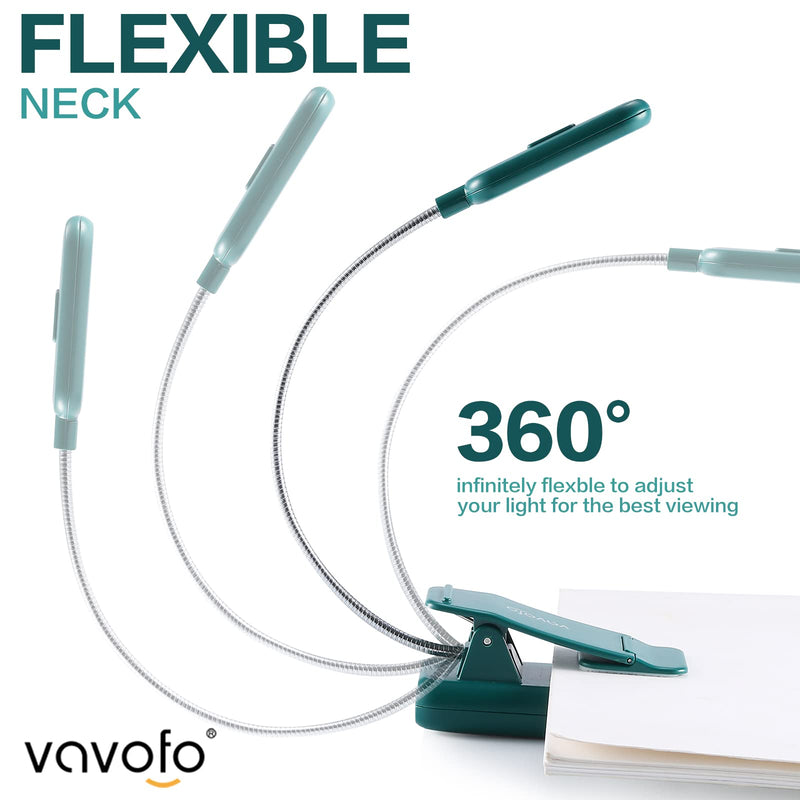  [AUSTRALIA] - VAVOFO Rechargeable Book Light for Reading in Bed Kids, 7 LED Reading Light with 9-Level Warm Cool White Daylight, Eye Care Lamp with Power Indicator for Bookworms (Green)
