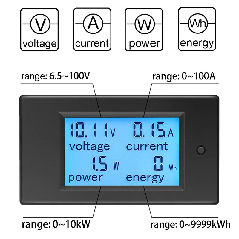  [AUSTRALIA] - KETOTEK Voltmeter Ammeter Electricity Meter Power Meter DC 6.5~100V with 100A Shunt, Volt Ampere Watt Energy Display DC Current Voltage Meter Meter, Wattmeter Energy Meter for Solar Car 100A Multimeter+100A Shunt