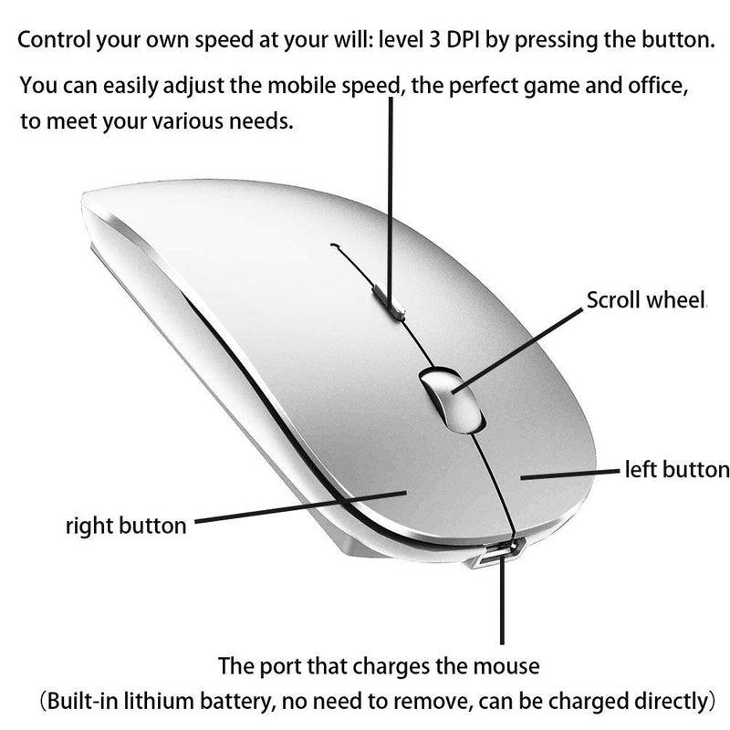  [AUSTRALIA] - Rechargeable Bluetooth Mouse for Laptop iPad Pro iPad Air MacBook Pro MacBook Air Wireless Mouse for Laptop Mac MacBook Chromebook Win8/10 silver