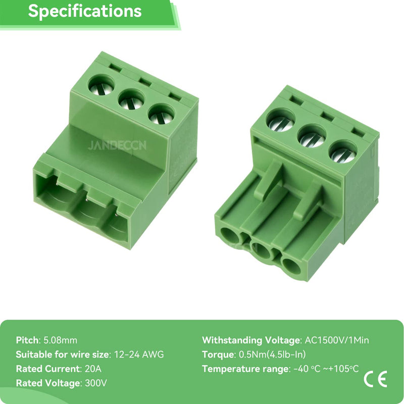 [AUSTRALIA] - JANDECCN 20Pcs 3 Pin 5.08mm Pitch DIY PCB Mount Screw Terminal Block Connector with 20Pcs 3 Pin Phoenix Plug 3P-C (20 Sets)