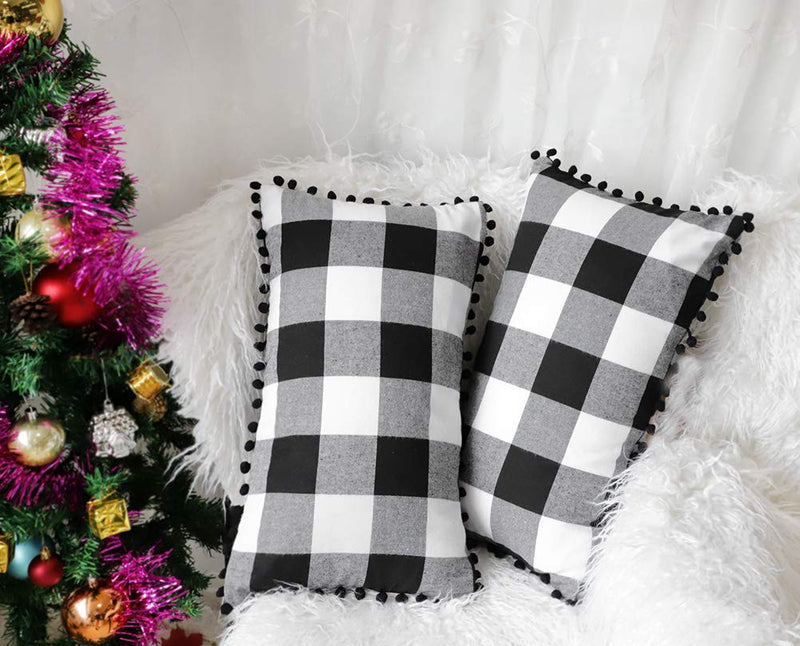  [AUSTRALIA] - 4TH Emotion Set of 2 Fall Farmhouse Buffalo Check Plaid Throw Pillow Covers with Pompoms Cushion Case Cotton Polyester for Sofa Black and White, 12 x 20 Inches 12" x 20" Black & White