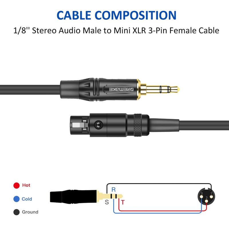  [AUSTRALIA] - DREMAKE Jack 3.5mm to Mini XLR Adapter Cable 3FT, 3.5mm 1/8'' to 3-Pin Mini XLR Cable, TRS 1/8 Inch Aux Stereo Male to Mini XLR Female Converter Audio Cable for Camera Mini-XLR Female to 3.5mm Male 3FT/1.0M