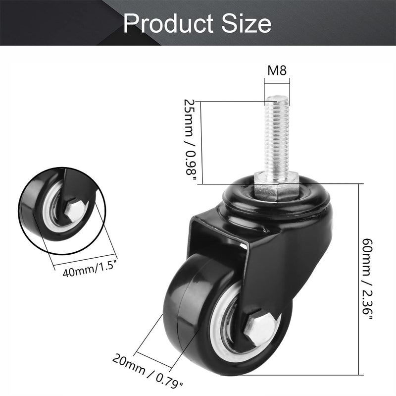  [AUSTRALIA] - MroMax 1.5 Inch Swivel Caster Wheels PU 360 Degree Threaded Stem Caster Wheel, M8 x 25mm, 77lb Capacity Each Wheel Black Tone 4pcs no brake