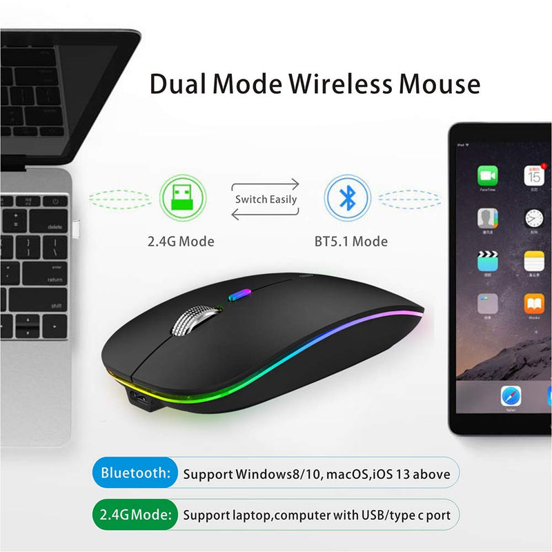TENMOS Wireless Bluetooth Mouse, LED Slim Dual Mode (Bluetooth 5.1 + USB) 2.4GHz Rechargeable Silent Bluetooth Wireless Mouse with Type C Adapter for Laptop/MacBook/iPad OS 13 and Above (Matte Black) Matte Black - LeoForward Australia
