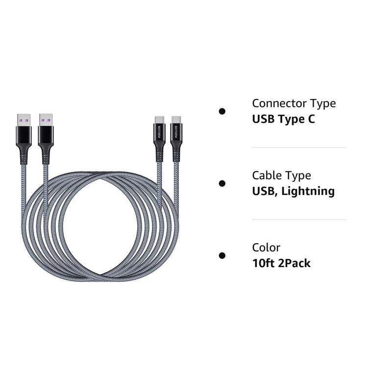 [AUSTRALIA] - C Charger Cable Fast Charging Long USB C Cord Type C Chargers 10FT 2Pack USB-C for Samsung Galaxy S10/S9/S8/s7/ Note/9/8/Kindle Fire Phone USB A to USBC