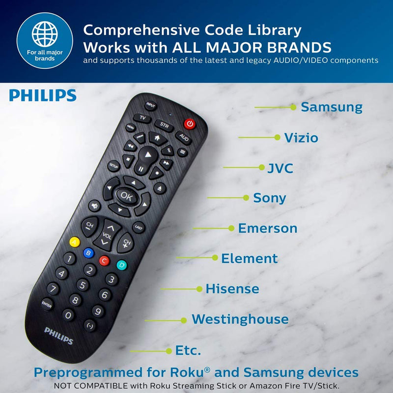  [AUSTRALIA] - Philips Remote Control for Samsung, Vizio, LG, Sony, Sharp, Roku, Apple TV, RCA, Panasonic, Smart TVs, Streaming Players, Blu-ray, DVD, 3-Device, Black, SRP9232D/27 3 Device