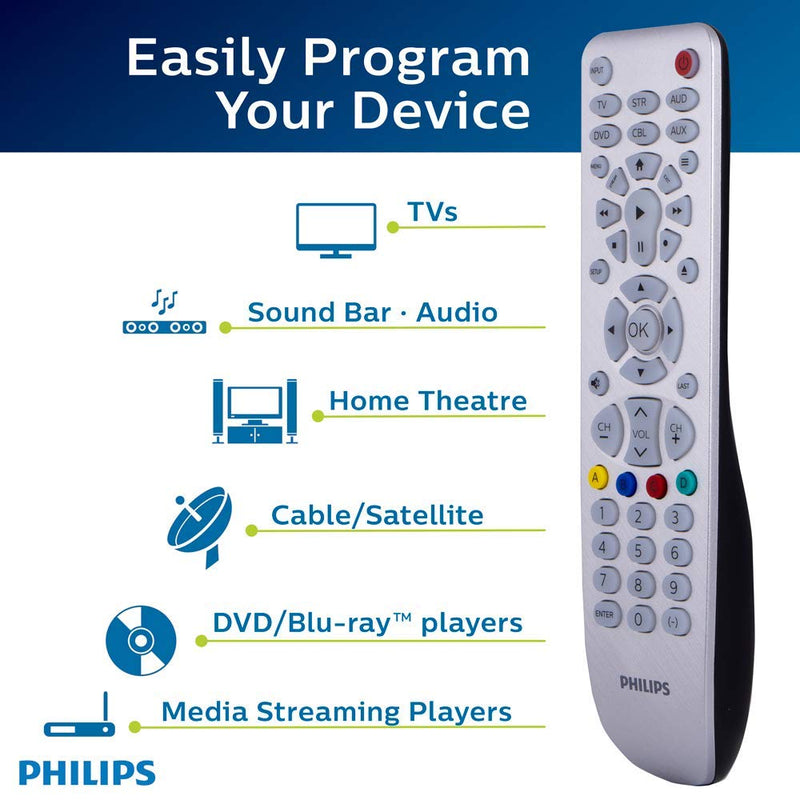  [AUSTRALIA] - Backlit Universal Remote Control by Philips, Works for Samsung, Vizio, TCL, HiSense, Sony, RCA, Panasonic, Roku, Apple TV, Smart TVs, Streaming Players, Blu-Ray, DVD, 6-Device, Silver, SRP3016S/27 6-Device Silver