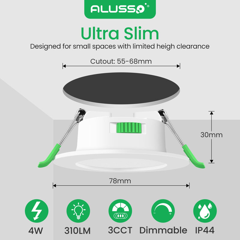  [AUSTRALIA] - ALUSSO LED recessed spotlight 230V 68mm dimmable, 4W spot ultra flat 310LM, IP44 bathroom recessed lights, warm white 3000K neutral white 4000K cool white 6500K ceiling spots for bathroom living room, set of 6 4w white, Ø55-68mm hole size