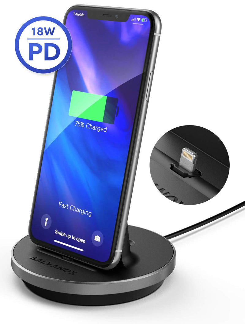  [AUSTRALIA] - GALVANOX iPhone Charger Stand (MFi Certified) Fast Charging Lightning Desktop Holder Dock with Built-in USB C Cable and USB-C 20W Power Adapter for Apple iPhone 8/8 Plus/X/Xs/XR/11/12/13/14 Pro Max