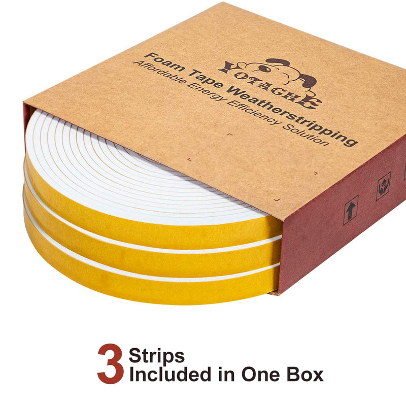  [AUSTRALIA] - Yotache White Doors Windows Weather Stripping 3 Rolls 3/8 Inch Wide X 1/8 Inch Thick, Foam Insulation Sealing Gasket Tape for Doors, Sliding Door, Total 50 Feet Long (3 X 16.5 Ft Each) 3/8" W x 1/8" T